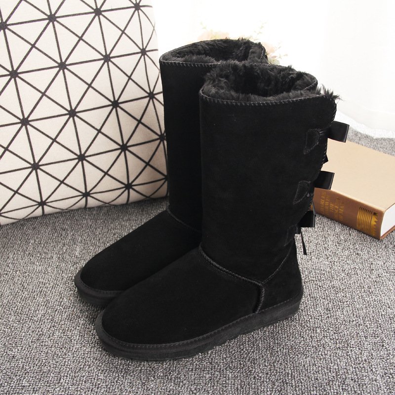 Factory wholesale ladies bowling winter knee high furry shoes Women Snow Boot long boots women winter Ribbon Fur snow boots