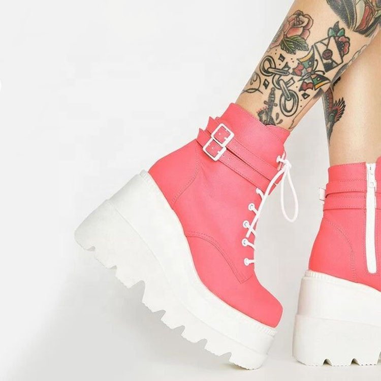 New Fashion European Fluorescent Yellow Pink Wedge Shoes Plus Size Zipper high heel Lace Up Platform Winter Punk Women Boots