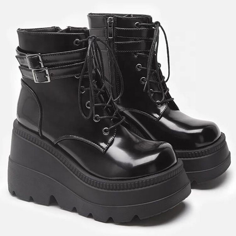 New Fashion European Fluorescent Yellow Pink Wedge Shoes Plus Size Zipper high heel Lace Up Platform Winter Punk Women Boots