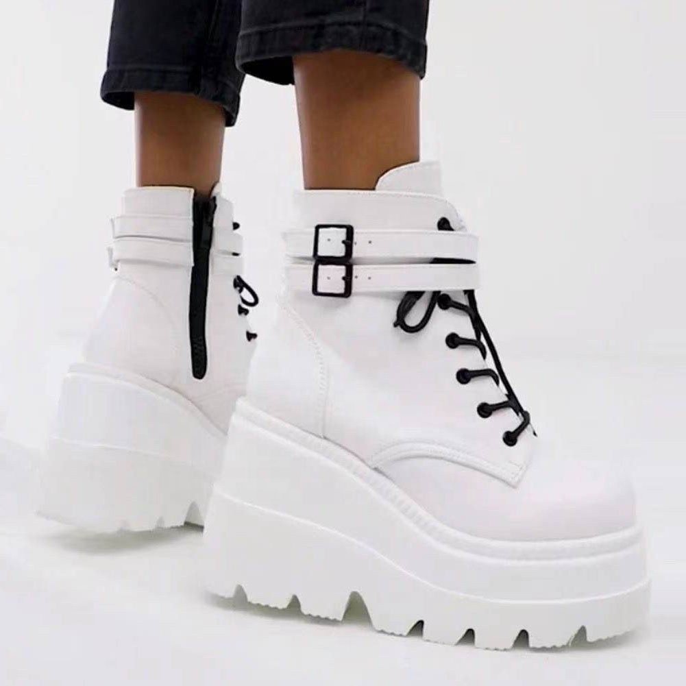 New Fashion European Fluorescent Yellow Pink Wedge Shoes Plus Size Zipper high heel Lace Up Platform Winter Punk Women Boots