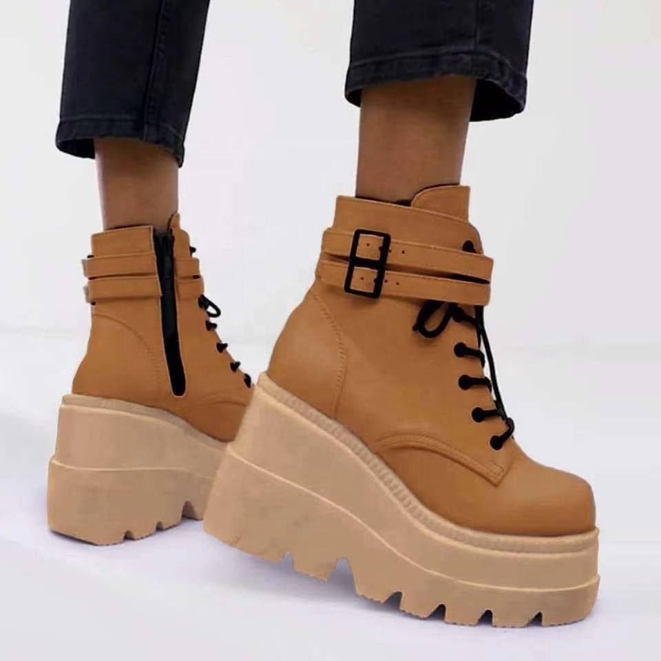 New Fashion European Fluorescent Yellow Pink Wedge Shoes Plus Size Zipper high heel Lace Up Platform Winter Punk Women Boots