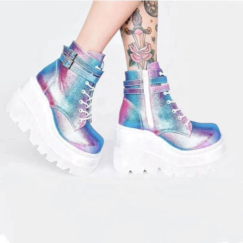 New Fashion European Fluorescent Yellow Pink Wedge Shoes Plus Size Zipper high heel Lace Up Platform Winter Punk Women Boots