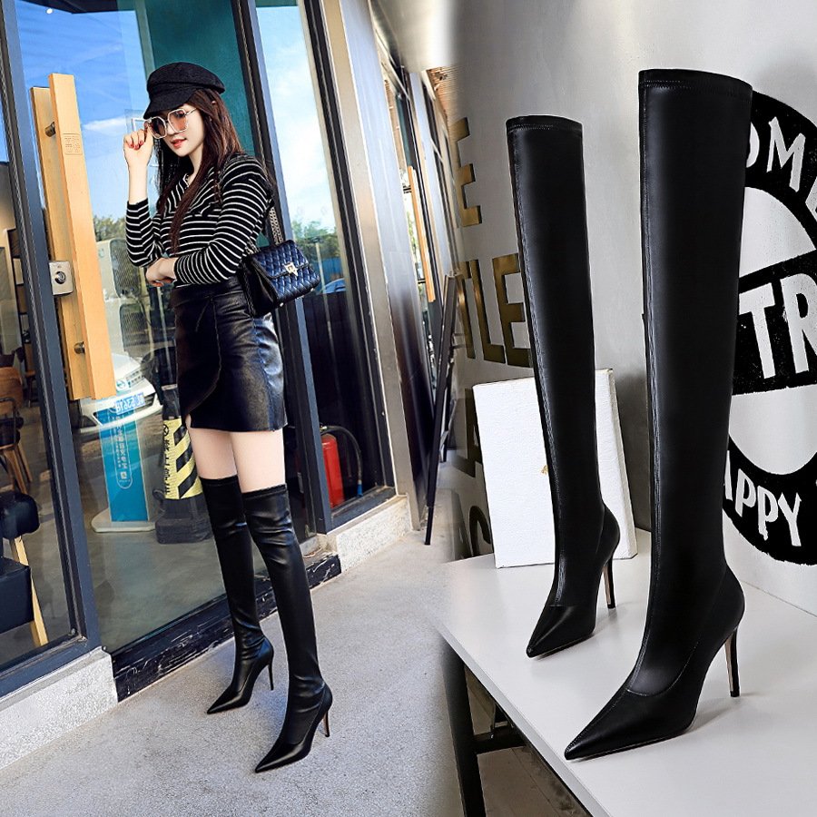 European And American Women's High-Heeled Pointed Sexy Slim Boots Stretch Black Super Long Mid-Tube Boots