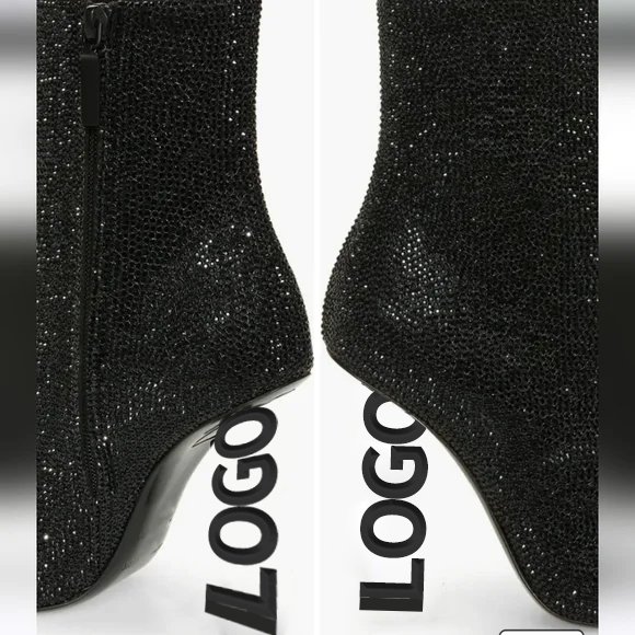 2024 Women Luxury Handmade Branded High Quality New Fashion Designer Booties Lady Winter Heeled Sparkle Rhinestone Ankle Boots