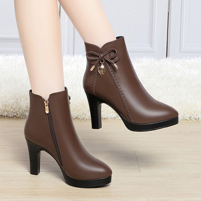 Xuanhui new styles Wholesale Sexy black Thick Soled Classic ladies elegant winter leather ankle heel boots for ladies women