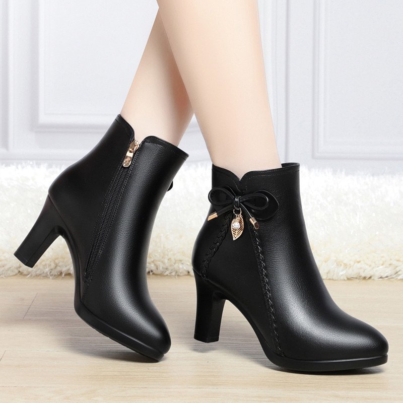 Xuanhui new styles Wholesale Sexy black Thick Soled Classic ladies elegant winter leather ankle heel boots for ladies women