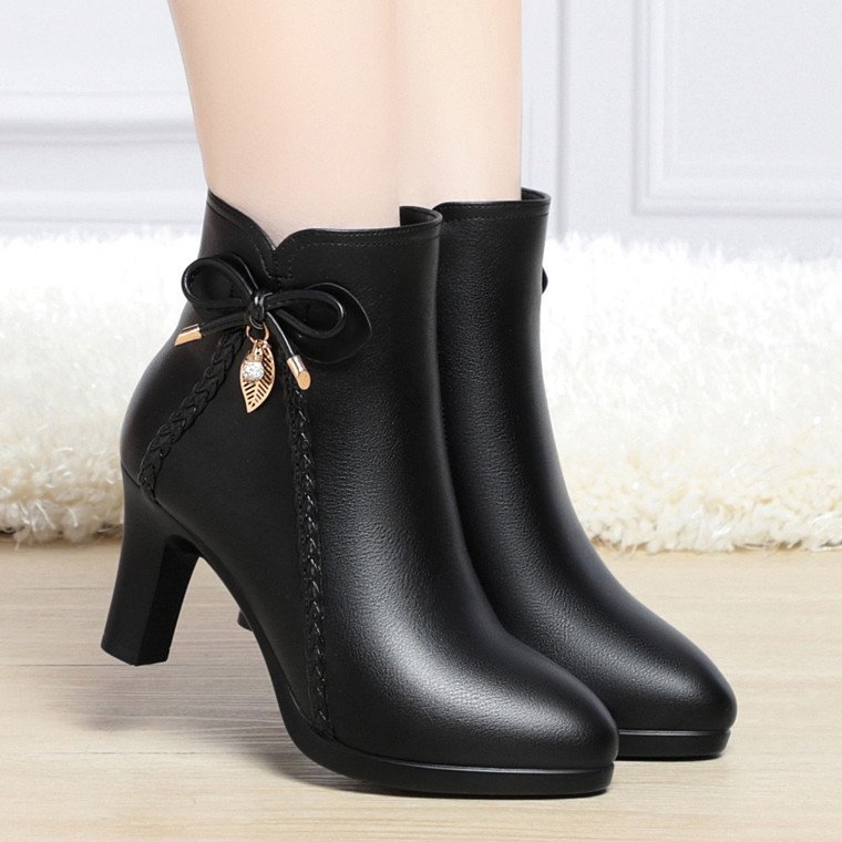 Xuanhui new styles Wholesale Sexy black Thick Soled Classic ladies elegant winter leather ankle heel boots for ladies women