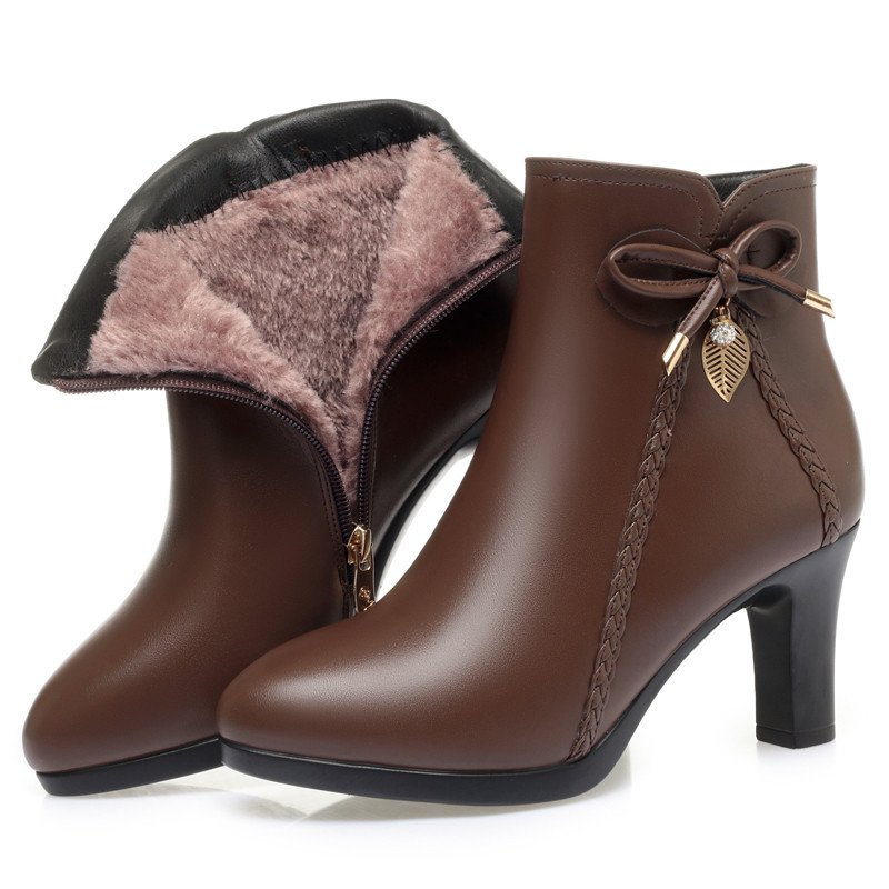 Xuanhui new styles Wholesale Sexy black Thick Soled Classic ladies elegant winter leather ankle heel boots for ladies women