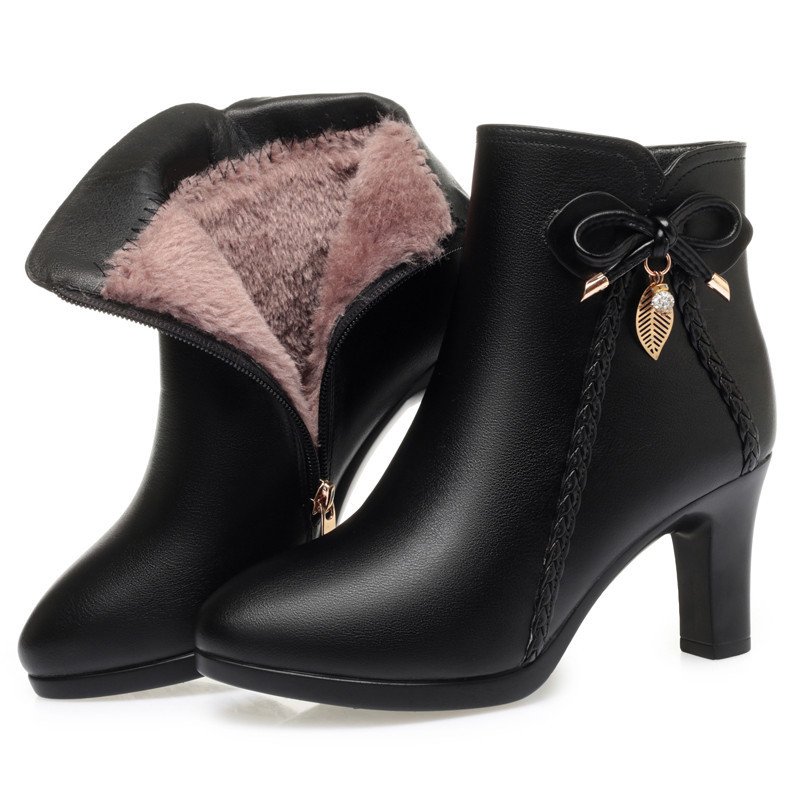 Xuanhui new styles Wholesale Sexy black Thick Soled Classic ladies elegant winter leather ankle heel boots for ladies women