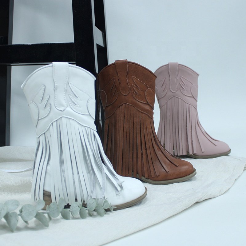 New designer girls boots autumn and winter thick heel middle tassels cowboy boots toddler kids girl shoes