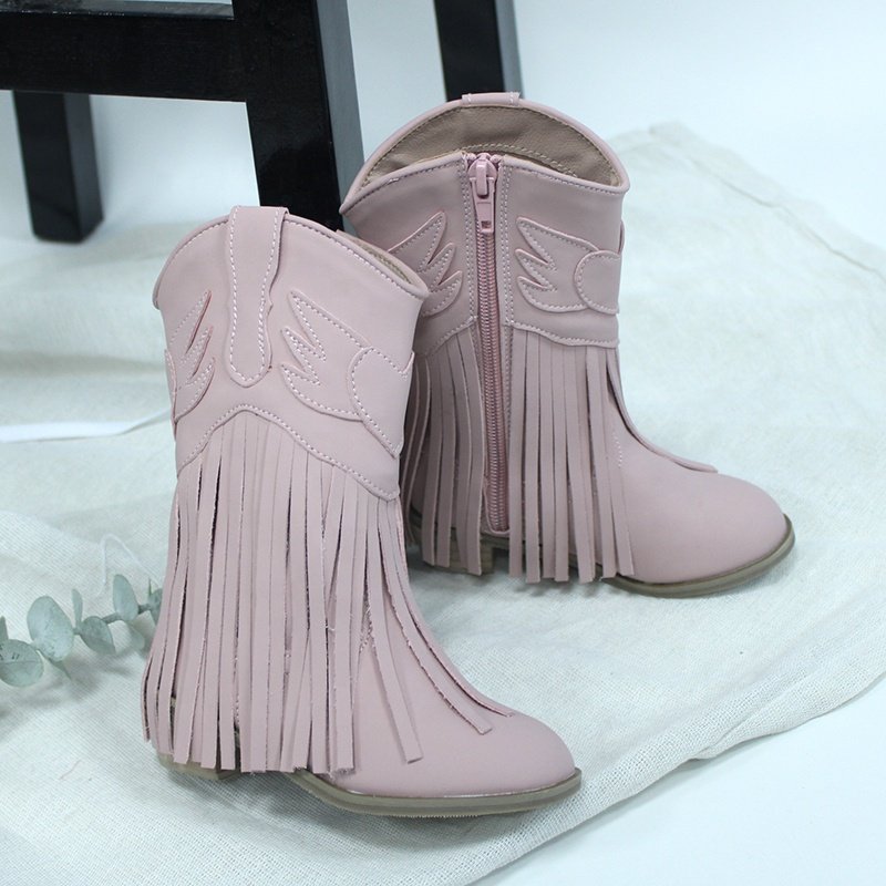 New designer girls boots autumn and winter thick heel middle tassels cowboy boots toddler kids girl shoes