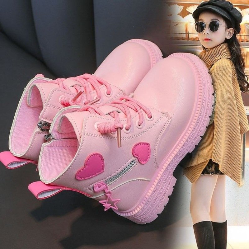 2024 New side zip children winter ankle boots flat lace-up kids girls high-top heart short martin boots