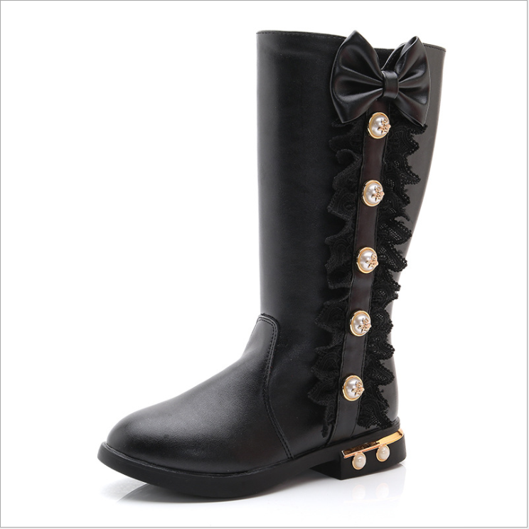 23 Autumn and winter new Korean big kids children's high boots cashmere little girl princess pearl boots