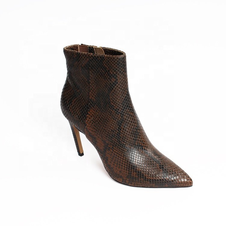 Hot Sale Western Style Women's Ankle Boots Winter Stiletto Snake Genuine Leather Sexy Thin High Heel Pointed Toe Zip PU Rubber