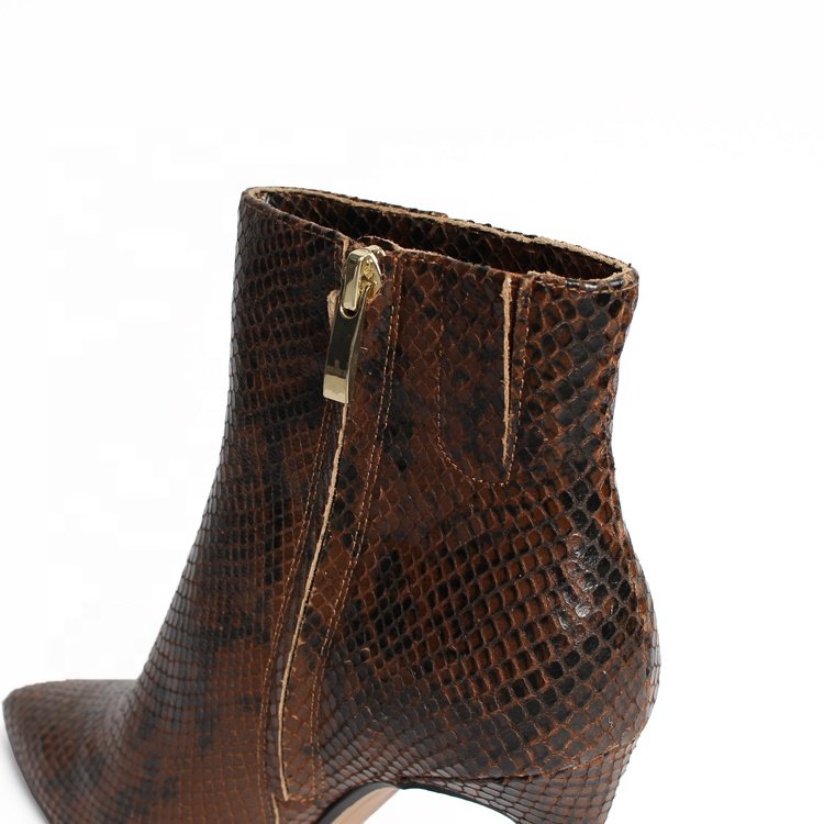 Hot Sale Western Style Women's Ankle Boots Winter Stiletto Snake Genuine Leather Sexy Thin High Heel Pointed Toe Zip PU Rubber
