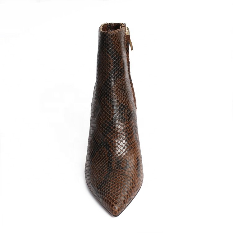 Hot Sale Western Style Women's Ankle Boots Winter Stiletto Snake Genuine Leather Sexy Thin High Heel Pointed Toe Zip PU Rubber