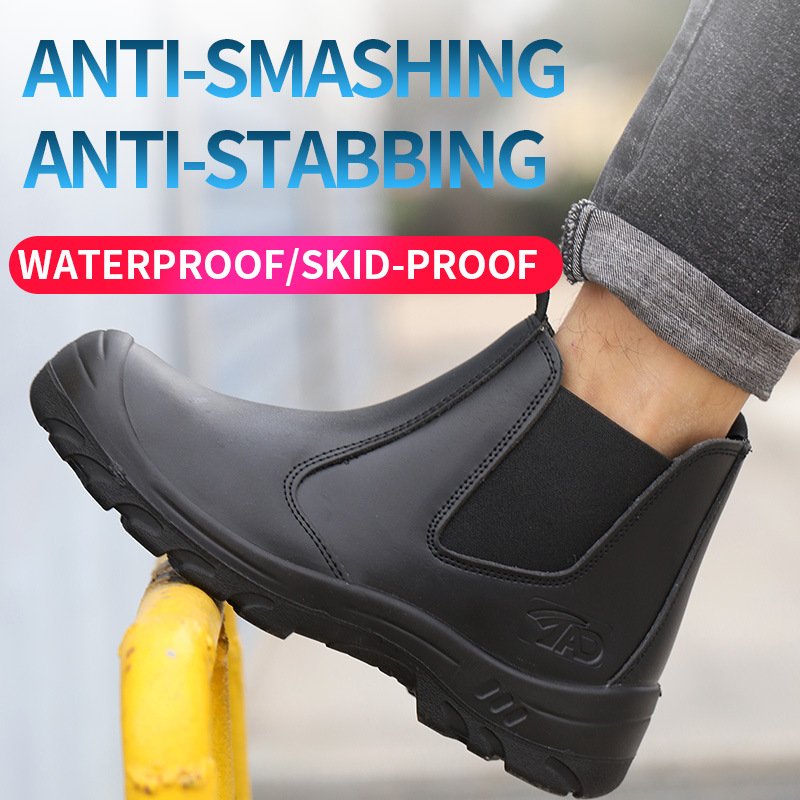 Africa hot sales Black genuine leather steel toe PU injection waterproof work safety boots
