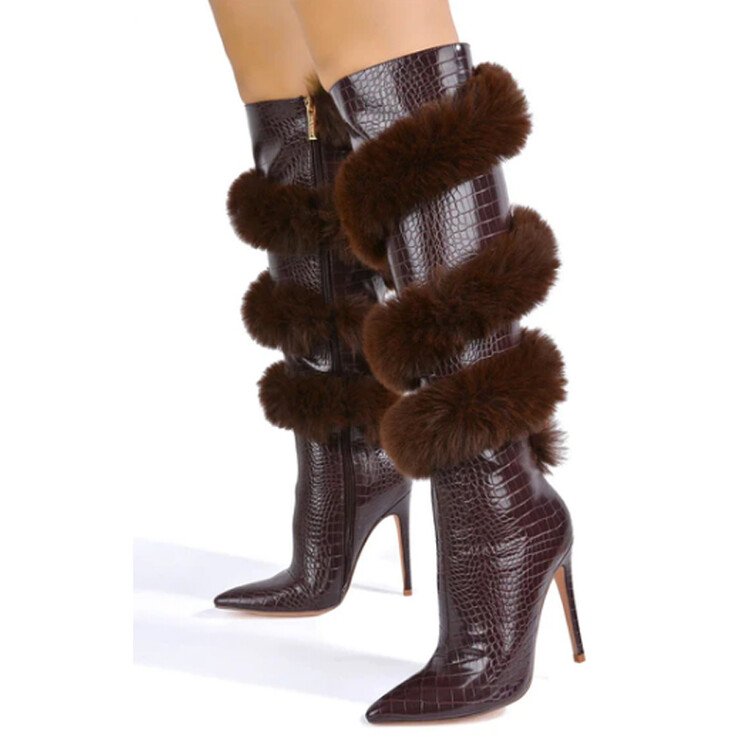 Winter Boots For Women Pointed Toe Knee Length Boots Party Dress Furry Boots Women Shoes
