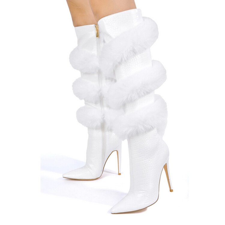 Winter Boots For Women Pointed Toe Knee Length Boots Party Dress Furry Boots Women Shoes