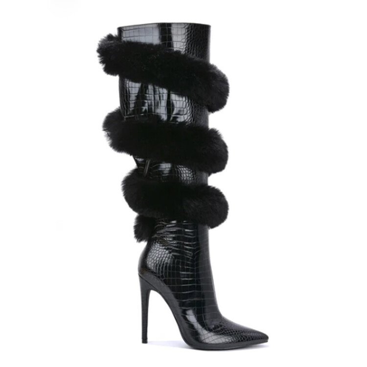 Winter Boots For Women Pointed Toe Knee Length Boots Party Dress Furry Boots Women Shoes