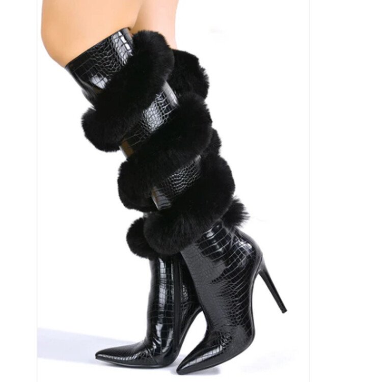 Winter Boots For Women Pointed Toe Knee Length Boots Party Dress Furry Boots Women Shoes