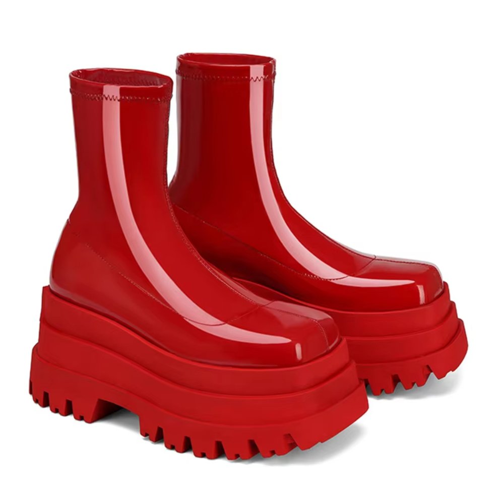 Wholesale women's double platform shoes square toe red patent leather thick soled chunky boots for women