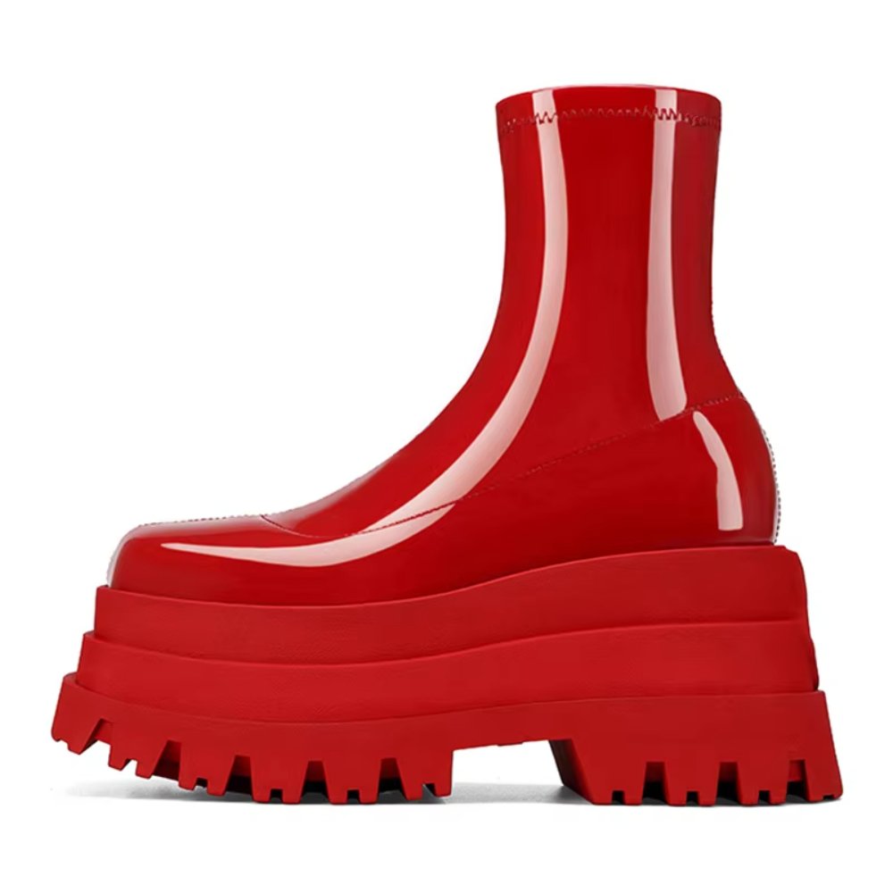 Wholesale women's double platform shoes square toe red patent leather thick soled chunky boots for women