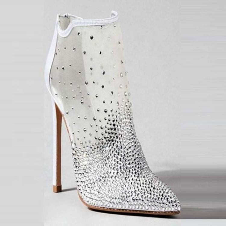 Summer Ventilate Mesh Net Zipper With Crystal Diamond High Heel Sandals Boots Women White Wedding Shoes