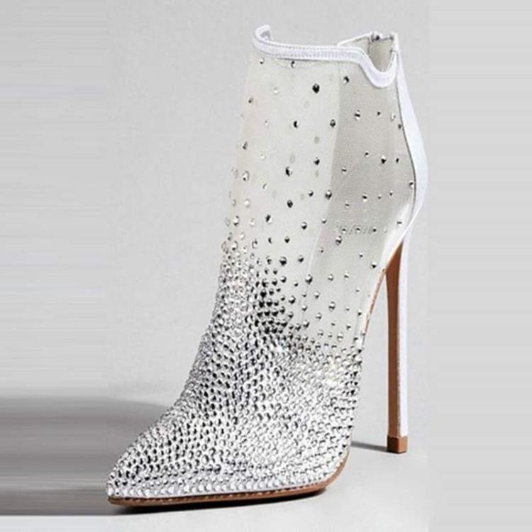 Summer Ventilate Mesh Net Zipper With Crystal Diamond High Heel Sandals Boots Women White Wedding Shoes