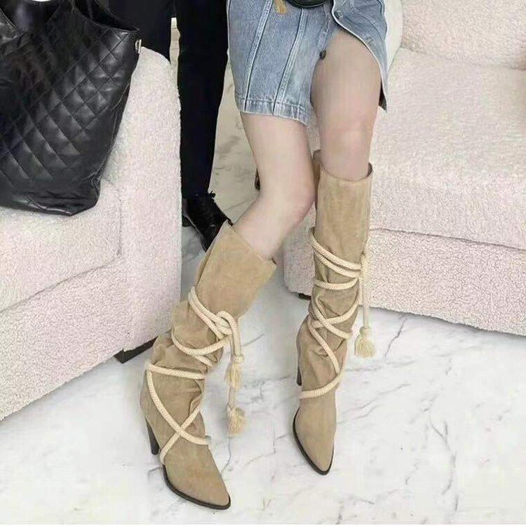 Female beige strappy pointed toe shoes women heeled boot ladies denim long boots latest