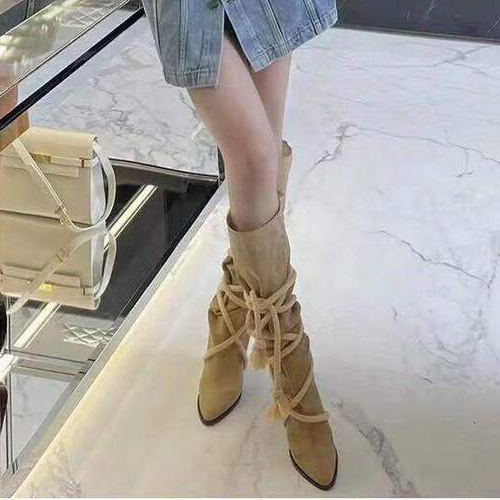 Female beige strappy pointed toe shoes women heeled boot ladies denim long boots latest