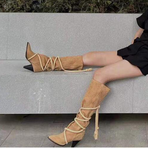 Female beige strappy pointed toe shoes women heeled boot ladies denim long boots latest