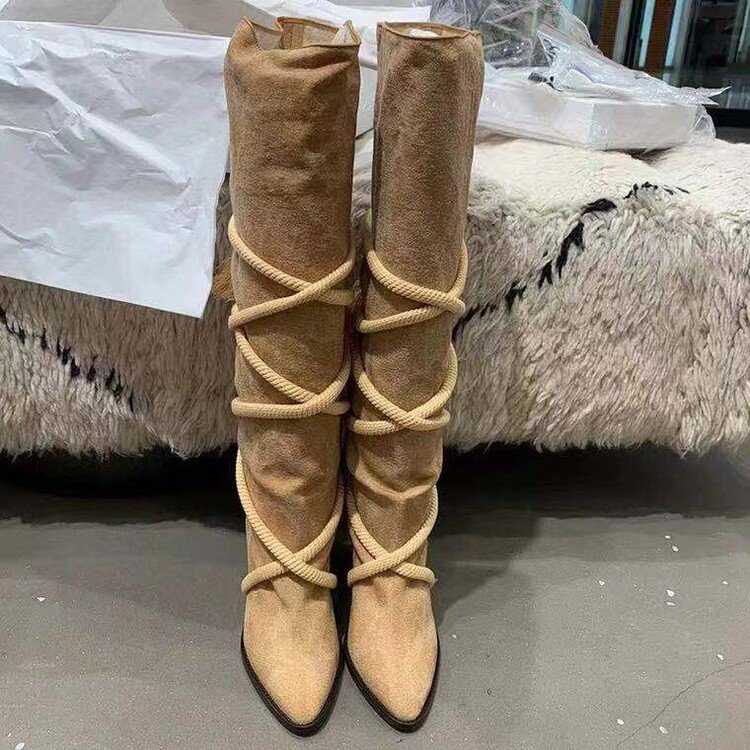 Female beige strappy pointed toe shoes women heeled boot ladies denim long boots latest