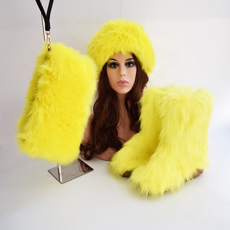 Factory fluffy furry soft faux fur ankle boots in winter warm snow women's shoes matching fur slippers slides handbag boots set