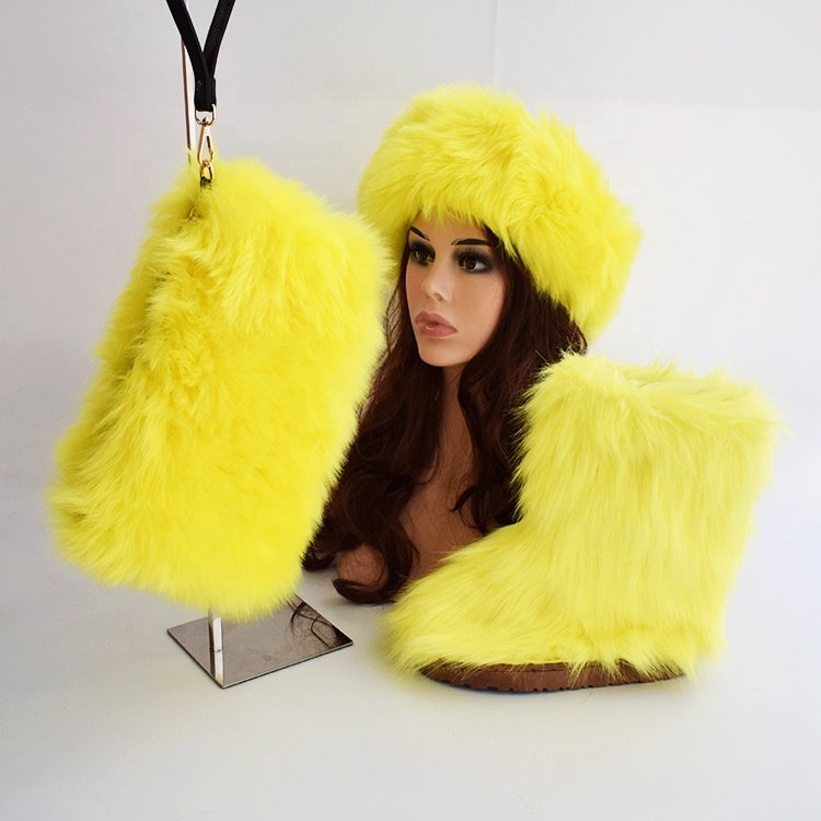 Factory fluffy furry soft faux fur ankle boots in winter warm snow women's shoes matching fur slippers slides handbag boots set