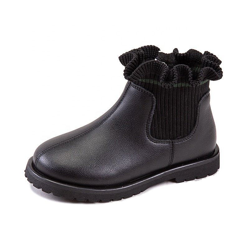 New wholesale Fall low-top cute toddler girl boots ribb knit soft leather children kids boots ruffle
