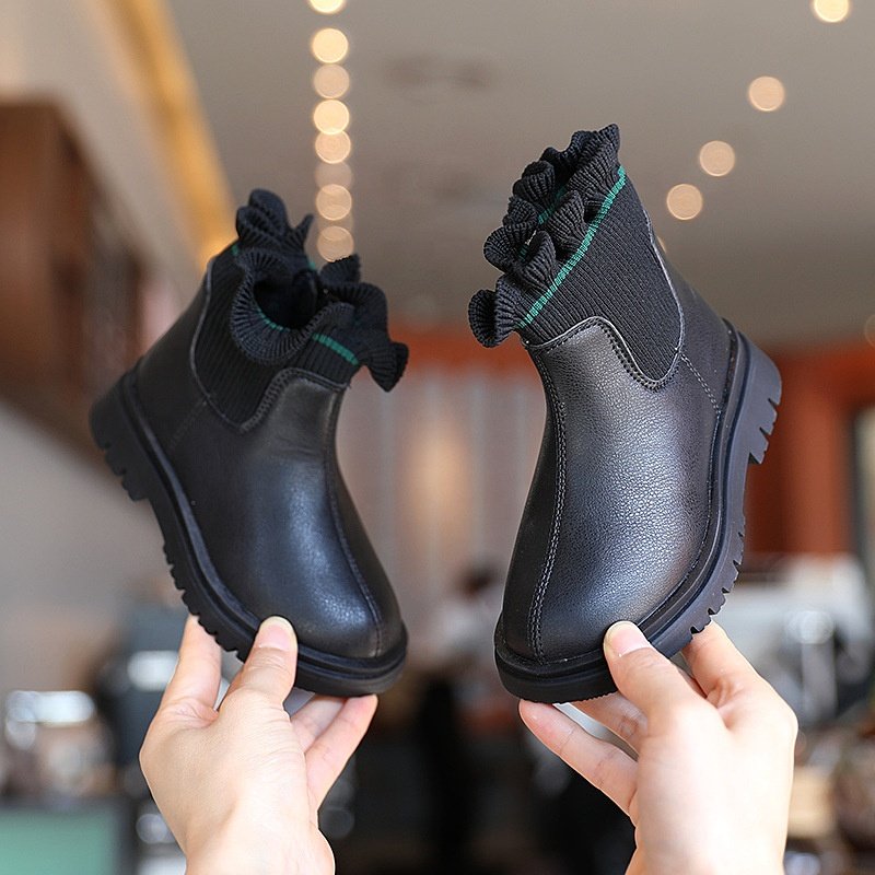 New wholesale Fall low-top cute toddler girl boots ribb knit soft leather children kids boots ruffle