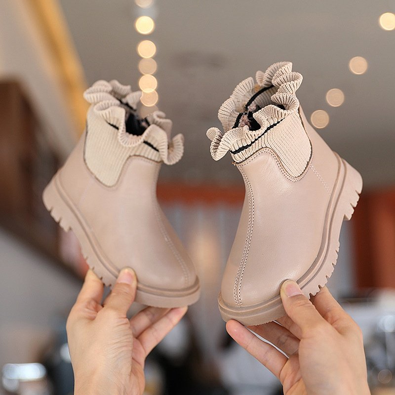 New wholesale Fall low-top cute toddler girl boots ribb knit soft leather children kids boots ruffle