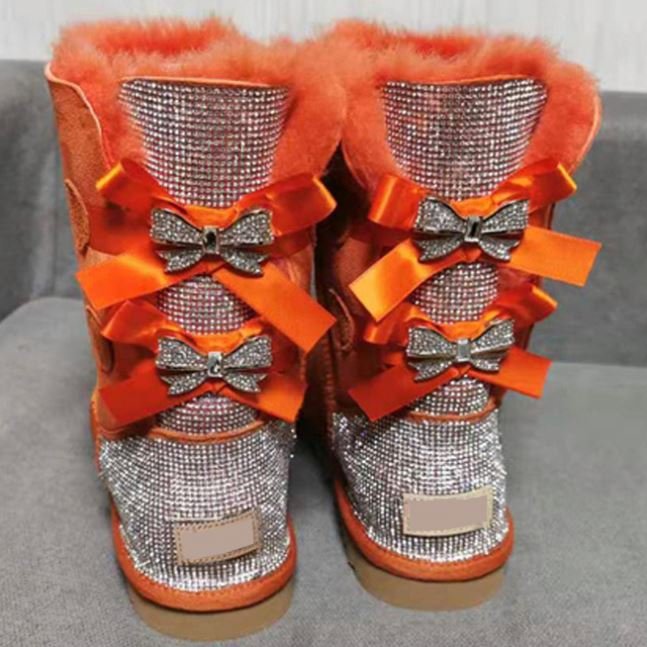 Factory Customized Logo Women's Bow Tie Winter Non-slip Sheepskin Warm Snow Boots Luxury Fur Boots With Bows