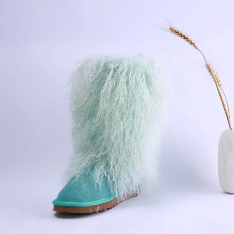 wholesale 35cm white real black mongolian fur upper boots for women with heel and fur tall fur boots