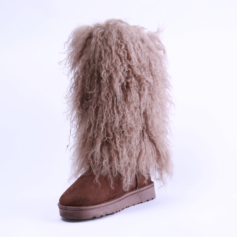 wholesale 35cm white real black mongolian fur upper boots for women with heel and fur tall fur boots