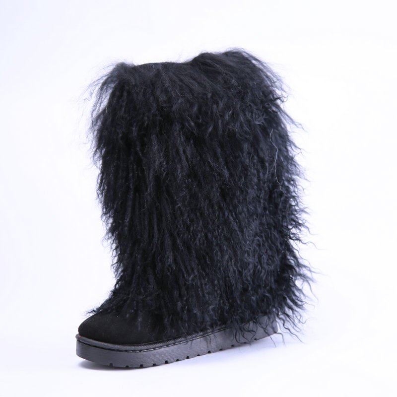 wholesale 35cm white real black mongolian fur upper boots for women with heel and fur tall fur boots