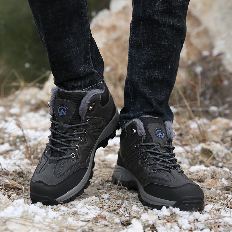 Men Black Outdoor Sports Shoes Plush Warm Snow Boots Cotton Shoes Hiking Casual Adult A3 Rubber Geometric