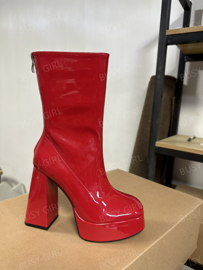 BUSY GIRL DS4467 Women Boots Size 11 Platform Block High Heels 2024 Silver Hot Pink Patent Leather Ladies Stretch Ankle Boots