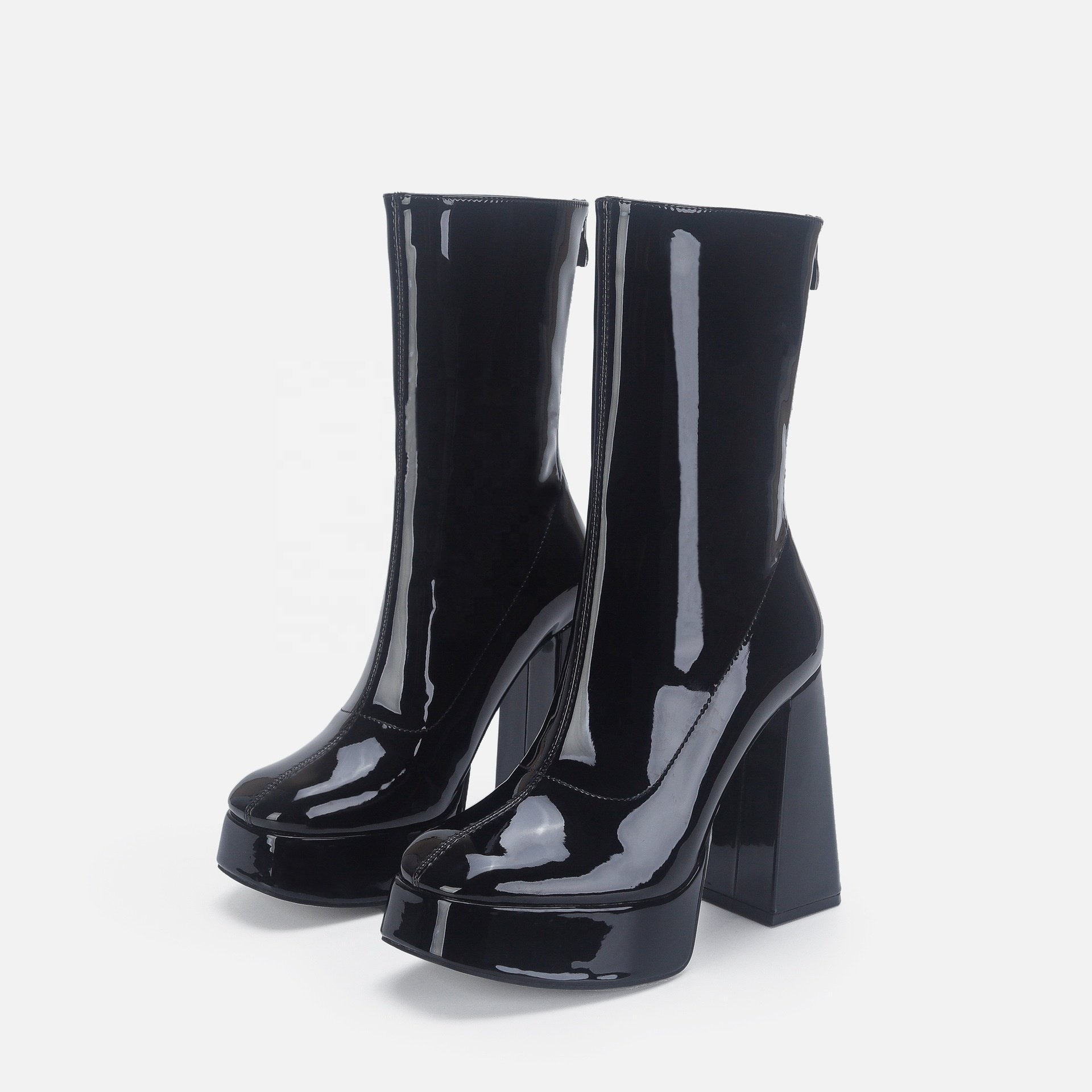 BUSY GIRL DS4467 Women Boots Size 11 Platform Block High Heels 2024 Silver Hot Pink Patent Leather Ladies Stretch Ankle Boots