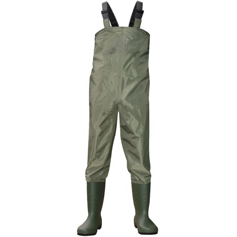 Custom logo water proof anti slip adult polyester PVC men fishing chest waders with PVC work rain boots