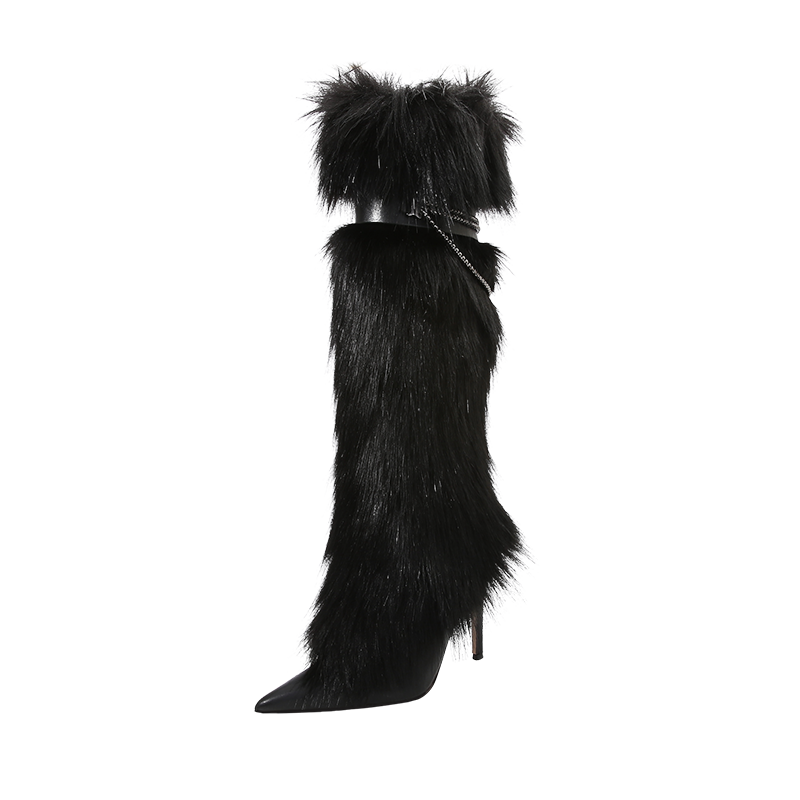 SHIKOL Shoes Women Winter Boots Chain Knee High Boots Warm 2024 Trend New Fashion 10cm High Heels Party Dress Shoes Fur Boots