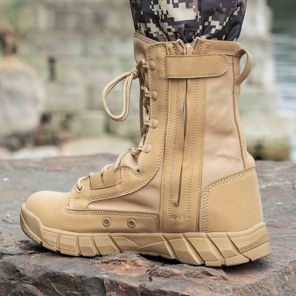 Desert Combat Cow Llather Khaki Boots Men's Shoes Breathable with Zipper