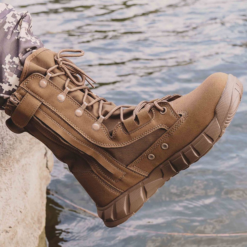 Desert Combat Cow Llather Khaki Boots Men's Shoes Breathable with Zipper