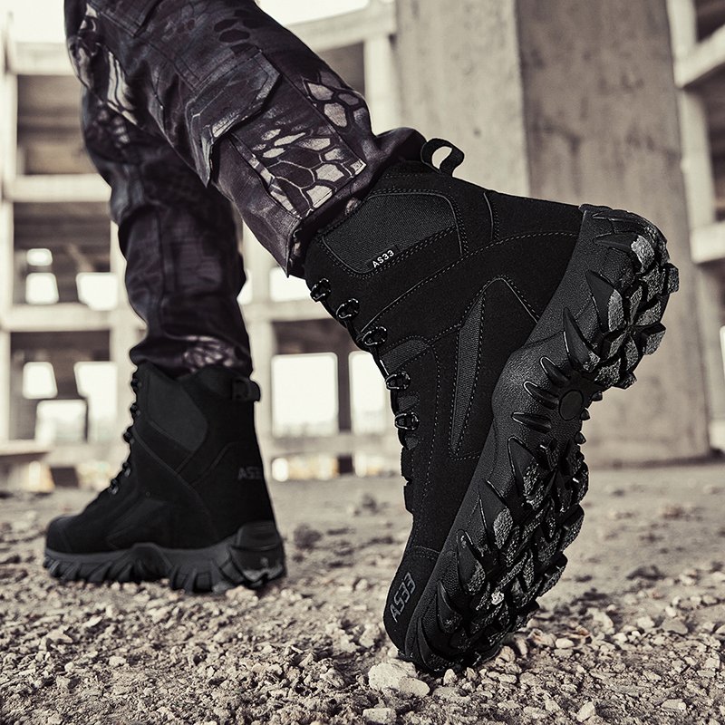 Unisex Black Leather Tactical Boots Waterproof and Wear-Resist for Winter Summer Spring Autumn Flexible for Hiking PU Insole